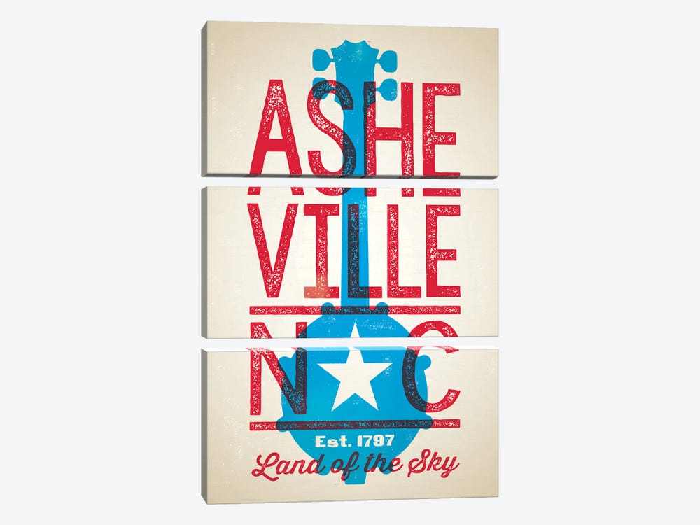 Asheville Letterpress Style Poster by Jim Zahniser 3-piece Canvas Print