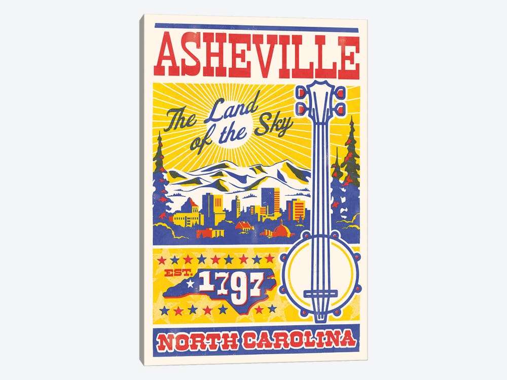 Asheville Letterpress Travel Poster by Jim Zahniser 1-piece Canvas Artwork