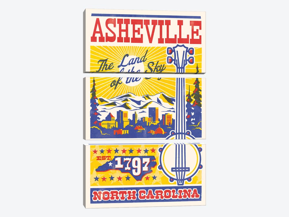 Asheville Letterpress Travel Poster by Jim Zahniser 3-piece Canvas Artwork