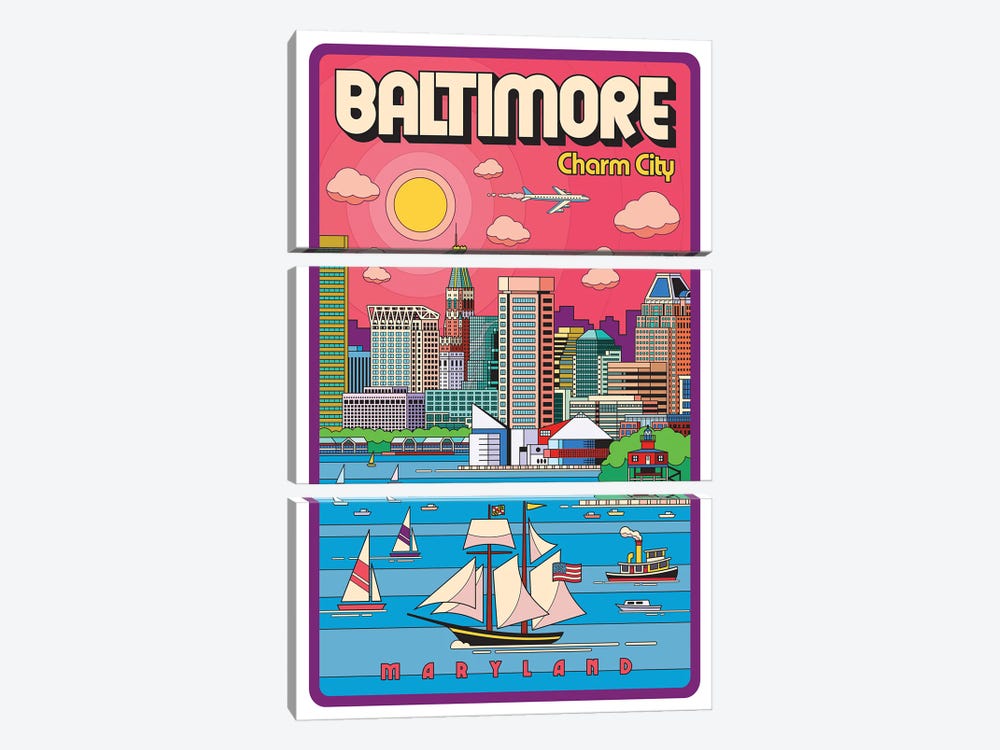 Baltimore Pop Art Travel Poster by Jim Zahniser 3-piece Canvas Wall Art