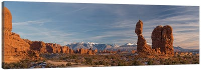 USA, Utah. Panoramic image of Balanced Rock at sunset, Arches National Park. Canvas Art Print