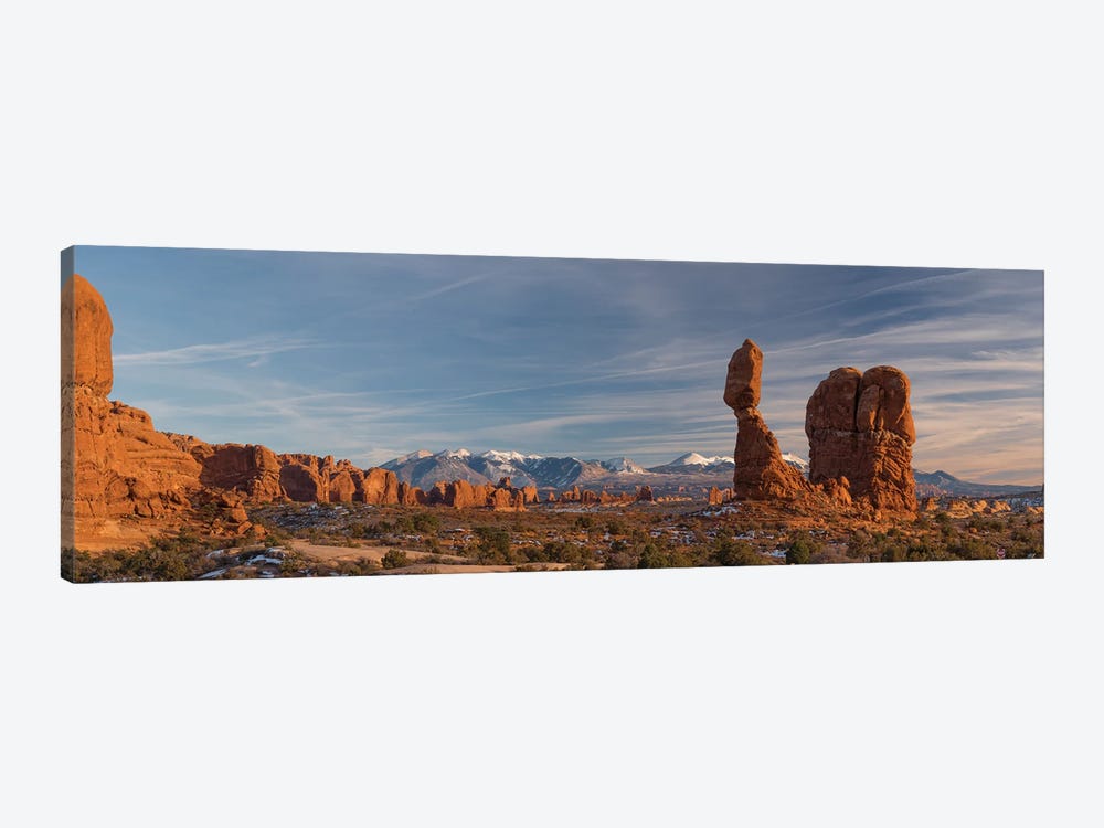USA, Utah. Panoramic image of Balanced Rock at sunset, Arches National Park. by Judith Zimmerman 1-piece Canvas Print