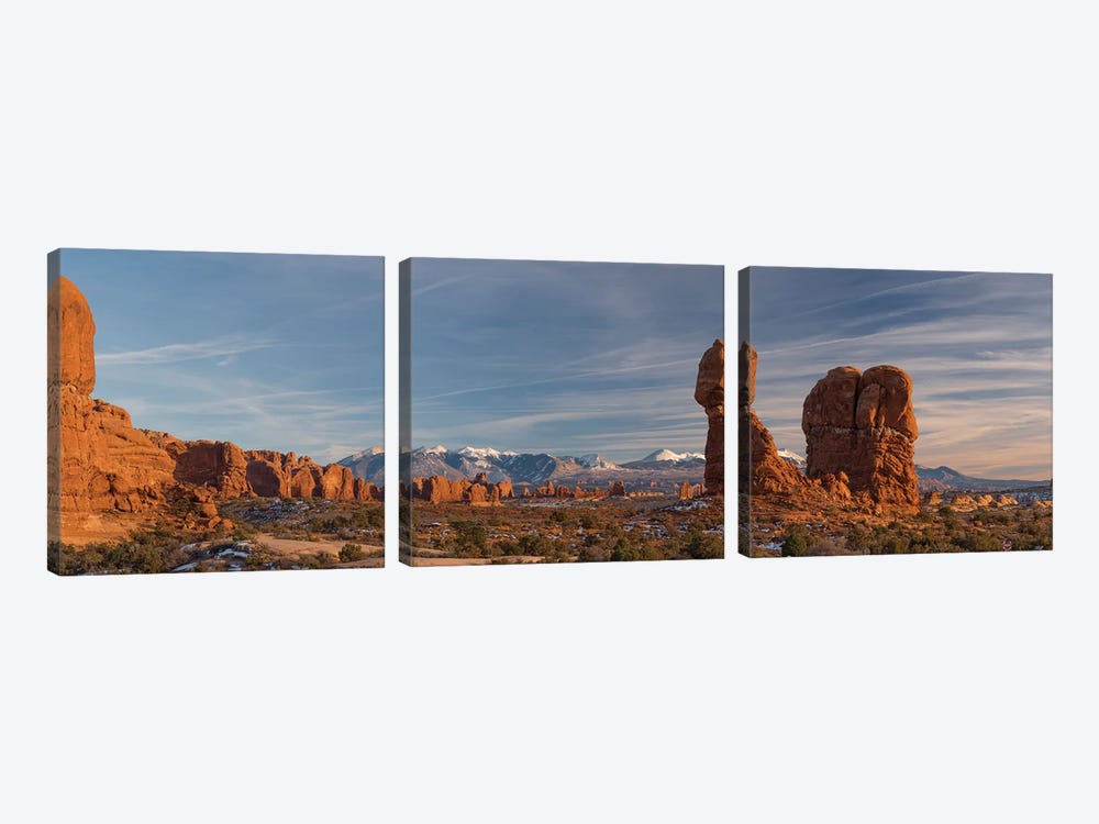 USA, Utah. Panoramic image of Balanced Rock at sunset, Arches National Park. by Judith Zimmerman 3-piece Canvas Art Print
