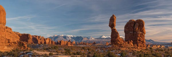 Sky: USA, Utah. Panoramic image of Balanced Rock at sunset, Arches National Park. by Judith Zimmerman