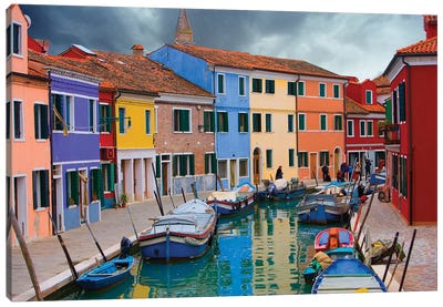 Brightly Colored Architecture Along The Canal, Burano, Venetian Lagoon, Italy Canvas Art Print - Veneto Art