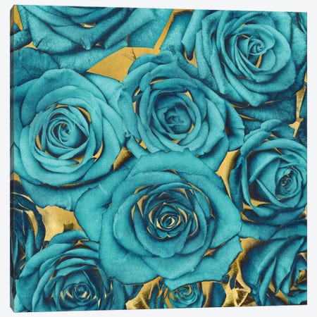Roses - Teal On Gold Canvas Print #KAB37} by Kate Bennett Art Print