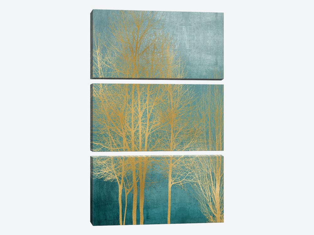 Gold Trees On Aqua Panel I by Kate Bennett 3-piece Canvas Artwork