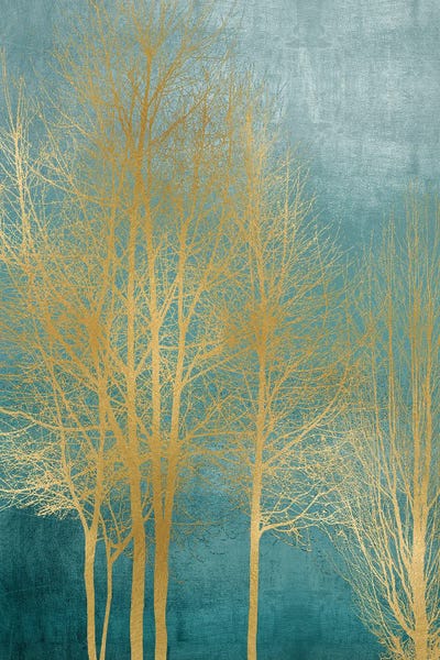 Kate Bennett: Gold Trees On Aqua Panel I by Kate Bennett