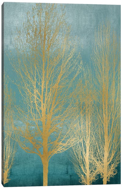 Gold Trees On Aqua Panel II Canvas Art Print - Calm & Sophisticated Living Room Art