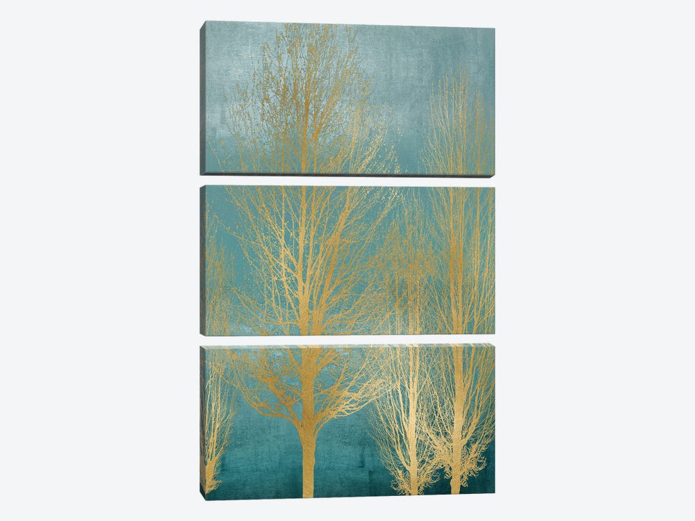 Gold Trees On Aqua Panel II by Kate Bennett 3-piece Canvas Artwork