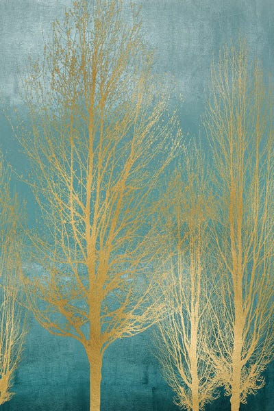 Kate Bennett: Gold Trees On Aqua Panel II by Kate Bennett