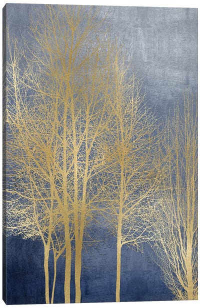 Gold Trees On Blue Panel I Canvas Art Print - Blue & Gold Art