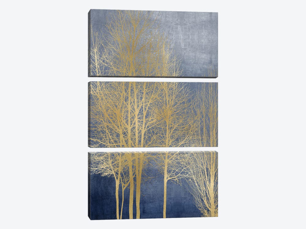 Gold Trees On Blue Panel I by Kate Bennett 3-piece Canvas Print