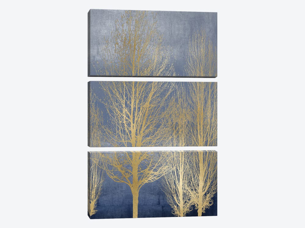 Gold Trees On Blue Panel II by Kate Bennett 3-piece Canvas Art