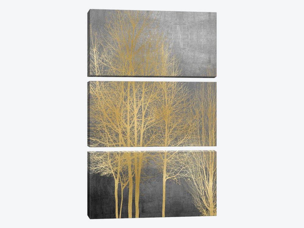 Gold Trees On Gray Panel I by Kate Bennett 3-piece Canvas Print