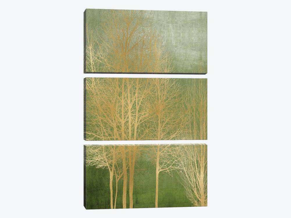 Gold Trees On Green Panel I by Kate Bennett 3-piece Canvas Print