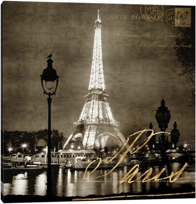 Paris At Night In Sepia Canvas Art Print - Famous Architecture & Engineering