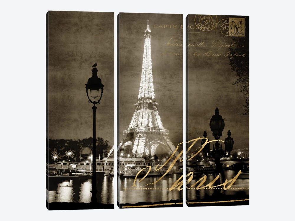 Paris At Night In Sepia by Kate Carrigan 3-piece Canvas Artwork