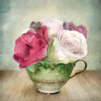 Roses In Green China Tea Cup by Katrina Jones framed canvas print