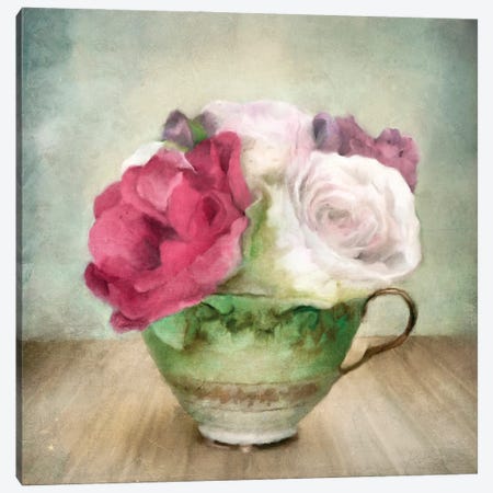 Roses In Green China Tea Cup Canvas Print #KAJ102} by Katrina Jones Canvas Print