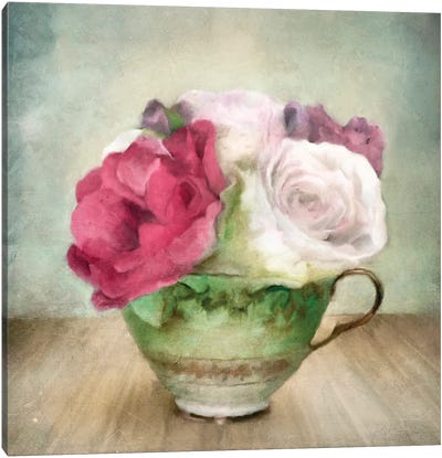 Roses In Green China Tea Cup Canvas Art Print - Katrina Jones