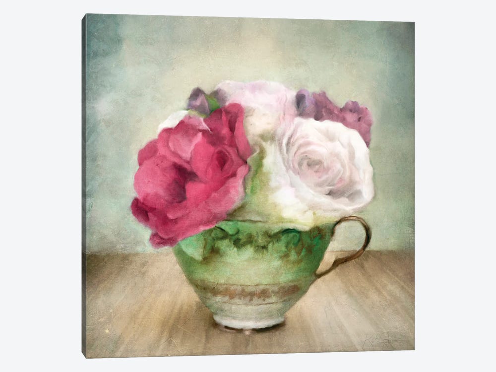 Roses In Green China Tea Cup by Katrina Jones 1-piece Canvas Wall Art