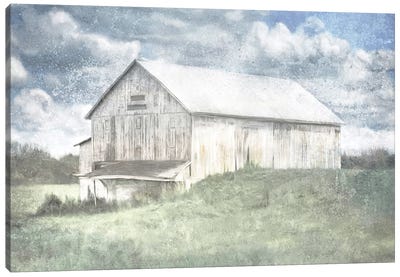 Old White Barn And Blue Sky Canvas Art Print - Barns