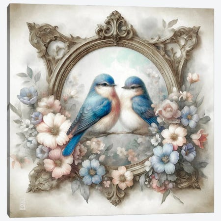 Bluebirds And Cottage Flowers Vignette Canvas Print #KAJ140} by Katrina Jones Art Print