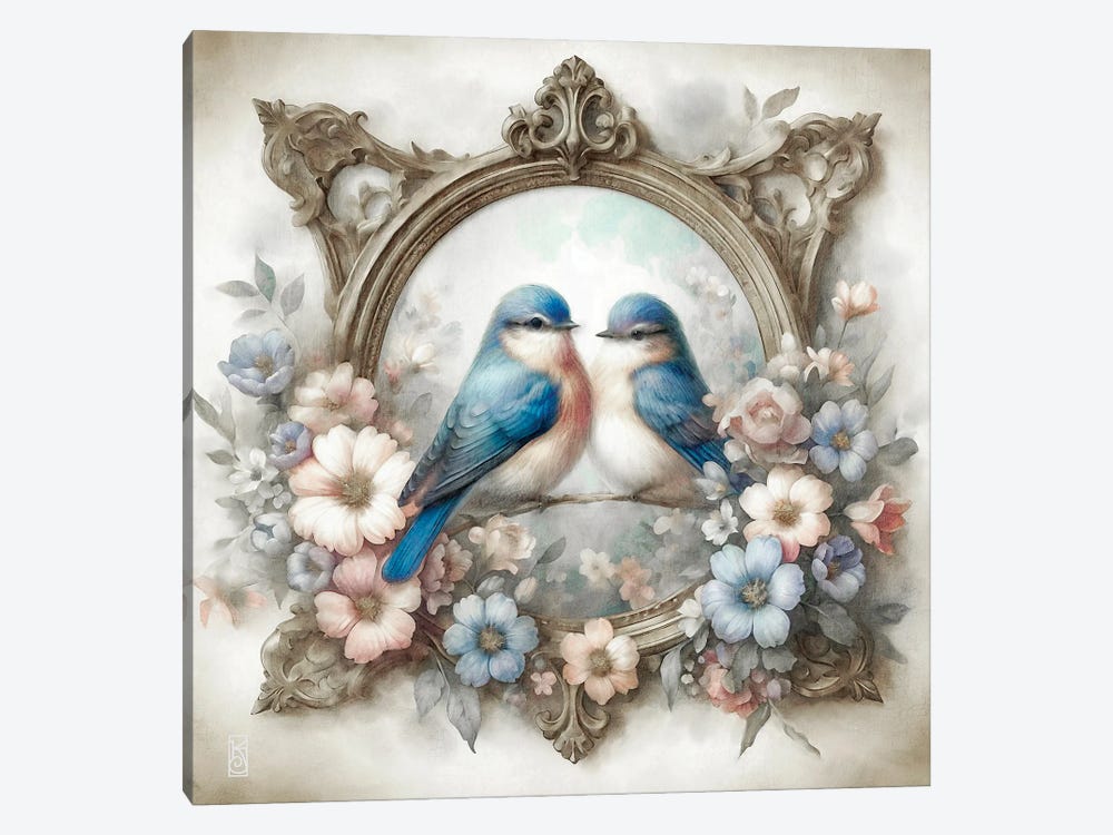 Bluebirds And Cottage Flowers Vignette by Katrina Jones 1-piece Canvas Wall Art