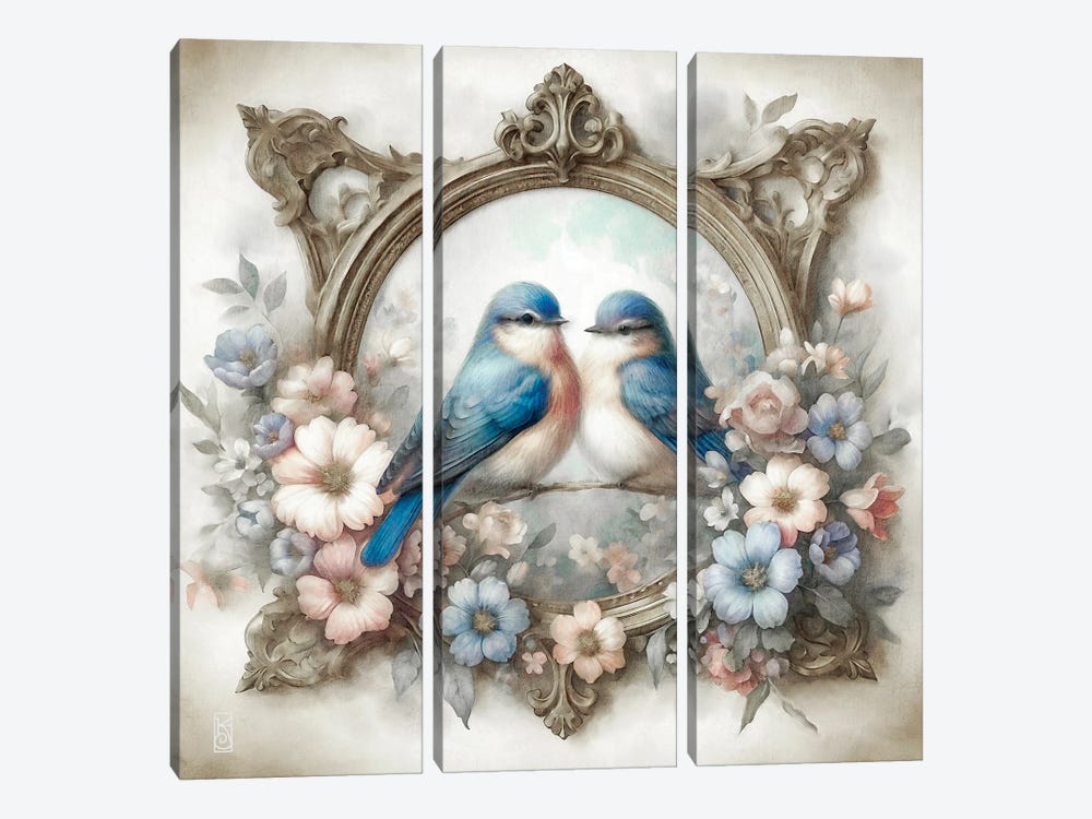 Bluebirds And Cottage Flowers Vignette by Katrina Jones 3-piece Canvas Wall Art