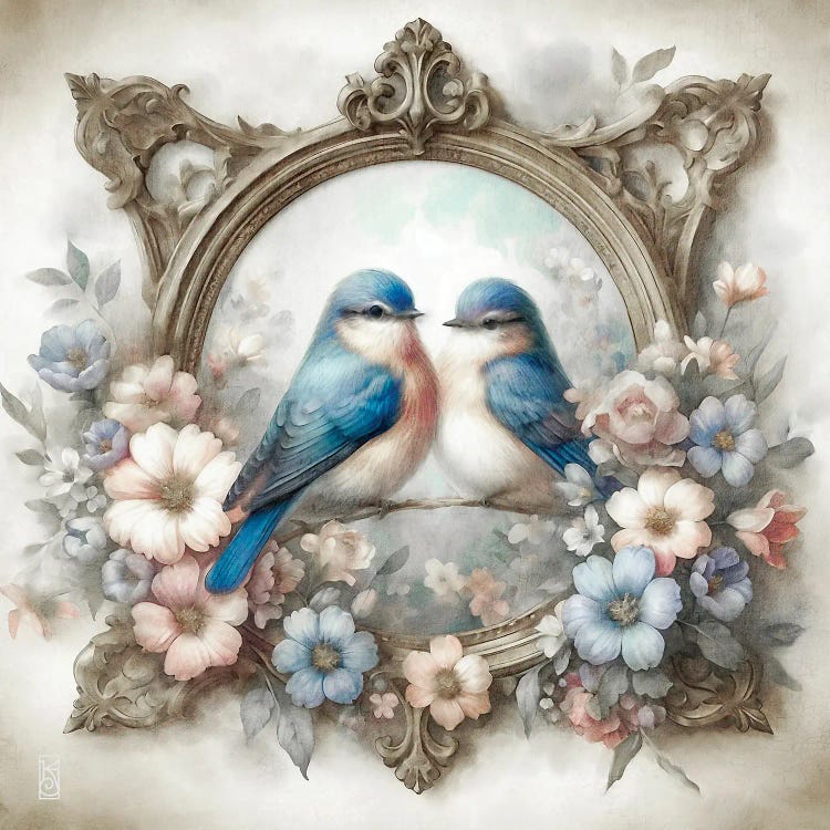 Bluebirds And Cottage Flowers Vignette