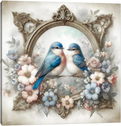 Bluebirds And Cottage Flowers Vignette Canvas Art Print - Katrina Jones