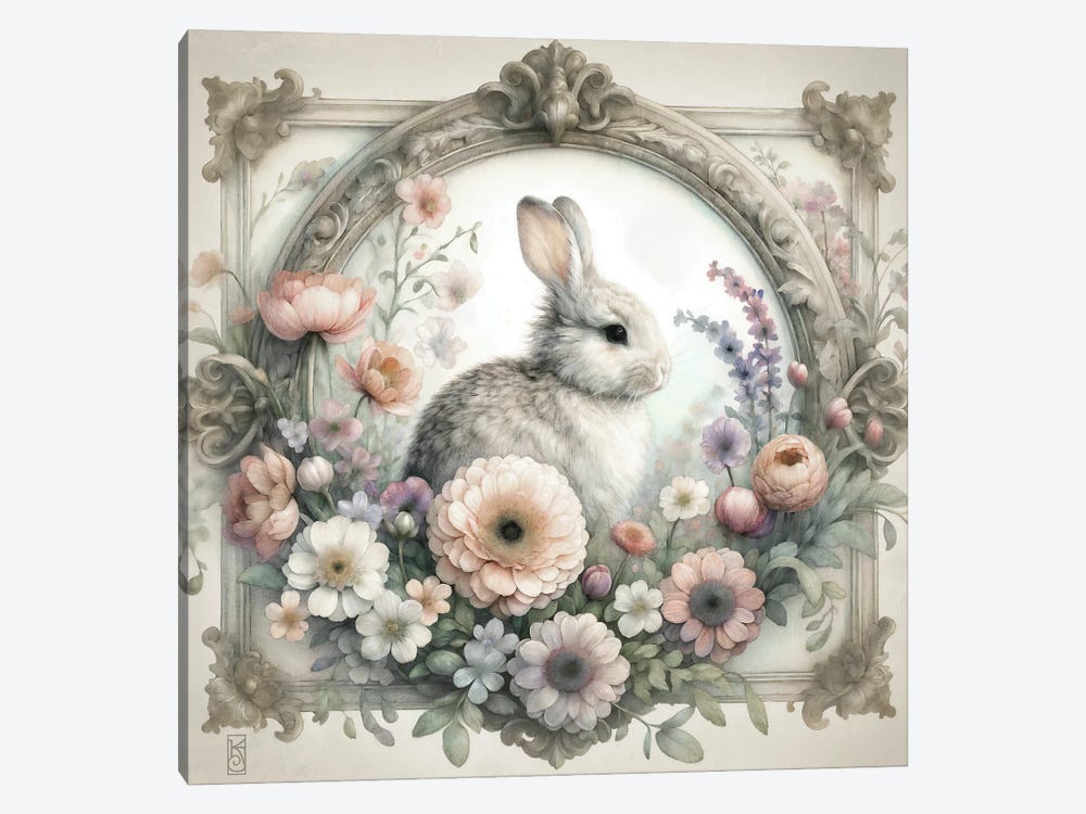 Bunny Rabbit And Cottage Flowers Vignette by Katrina Jones 1-piece Canvas Print
