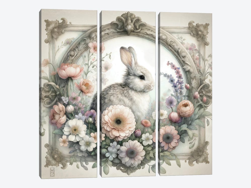 Bunny Rabbit And Cottage Flowers Vignette by Katrina Jones 3-piece Art Print