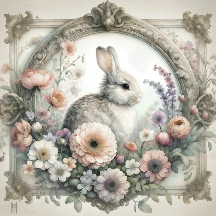 Bunny Rabbit And Cottage Flowers Vignette