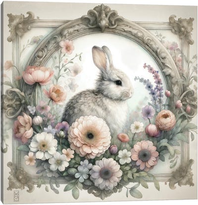 Bunny Rabbit And Cottage Flowers Vignette Canvas Art Print - Katrina Jones