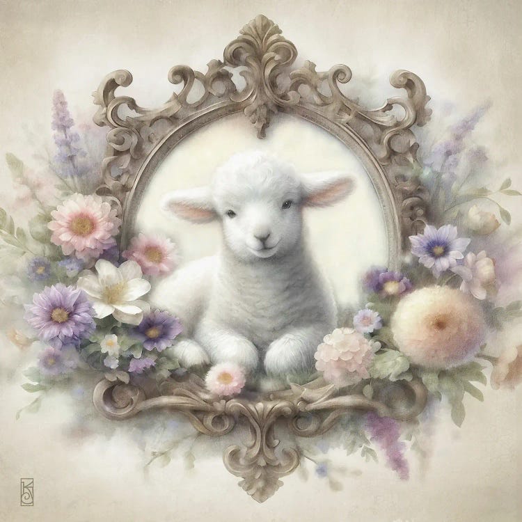Lamb And Cottage Flowers Vignette by Katrina Jones wall art