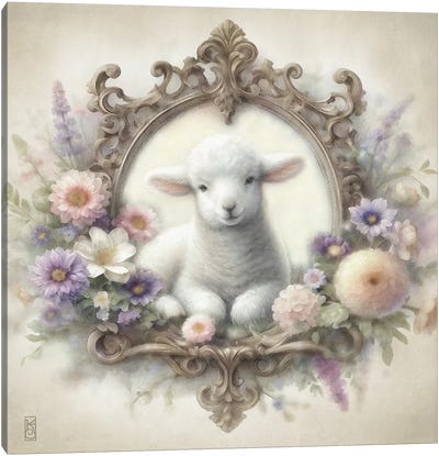 Lamb And Cottage Flowers Vignette Canvas Art Print - Katrina Jones