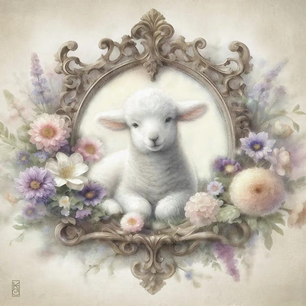 Sheep: Lamb And Cottage Flowers Vignette by Katrina Jones