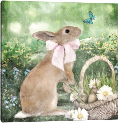 Spring Bunny And Basket Canvas Art Print - Daisy Art