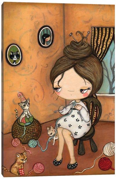 Knitty Kitty Canvas Art Print - Knitting & Sewing Art
