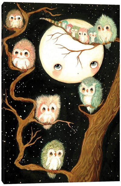 Owls In A Tree Canvas Art Print - Kelly Ann Kost