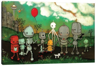 Robot's In The City Canvas Art Print - Friendly Mythical Creatures