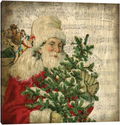 Vintage Santa II Canvas Art Print - Christmas Trees & Wreath Art