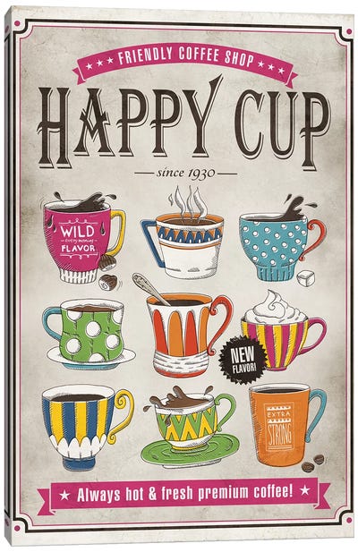 Happy Cup Canvas Art Print - Vintage Kitchen Posters