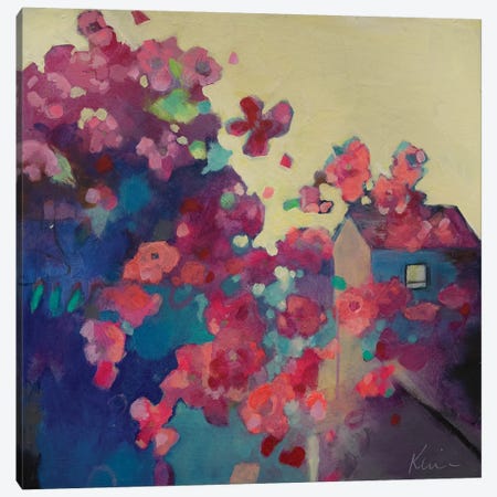 Home Behind The Cherry Blossoms Canvas Print #KBC42} by Kerri McCabe Canvas Artwork