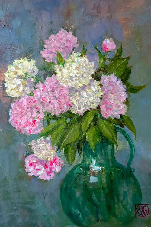 Peonies In Green Vase