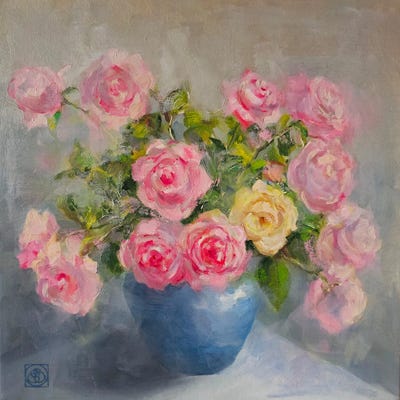 Roses In Blue Vase by Katia Bellini framed wall art