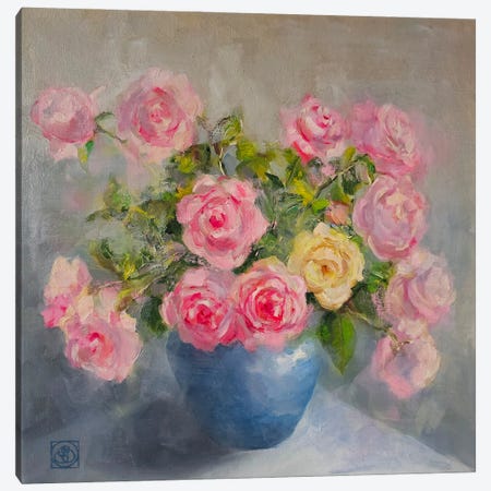 Roses In Blue Vase Canvas Print #KBI15} by Katia Bellini Canvas Wall Art