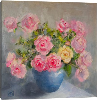 Roses In Blue Vase Canvas Art Print - Katia Bellini
